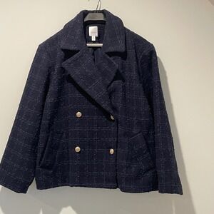Lauren Conrad Tweed Plaid Double Breasted Blazer Jacket Plus Size 2X Navy Gold